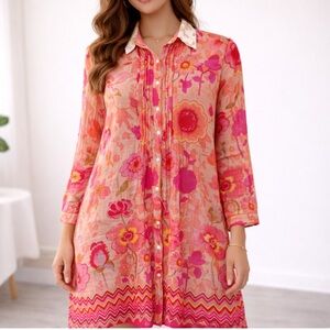 Vintage Dress Womens Large OPC Short Cotton Floral Orange Pink Button Front